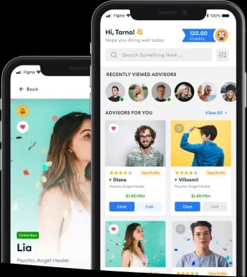 La app Mi Vidente en dos teléfonos: la lista de expertos, y el perfil de Lia indicando que está en línea ahora.