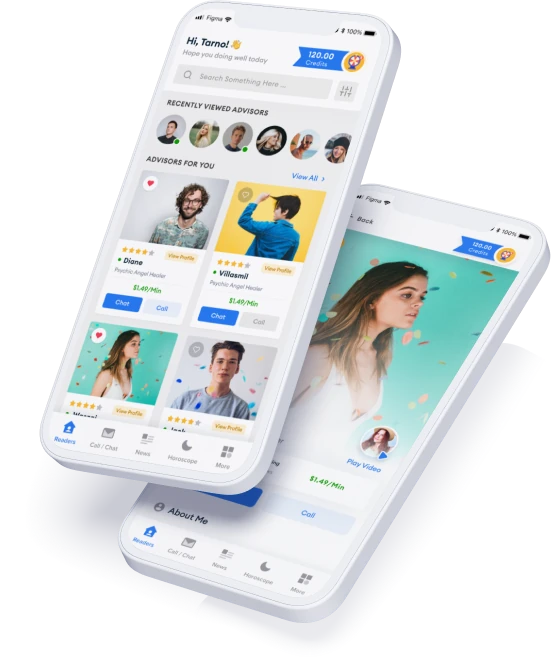 La app Mi Vidente en dos teléfonos: la lista de expertos verificados con sus valoraciones y tarifa por minuto, y el perfil de un experto con las opciones de chat o llamada.